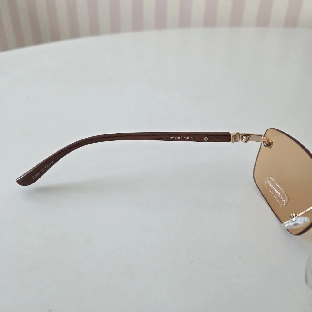 NWT Rimless Orange Tinted Gold Accent Wood Wayfare Sunglasses‎ UV 400 133mm